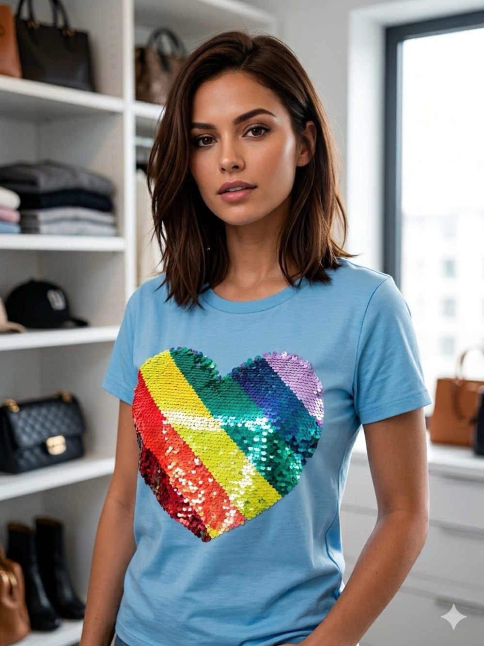 Light Blue Short Sleeve Tee with Rainbow Sequin Heart